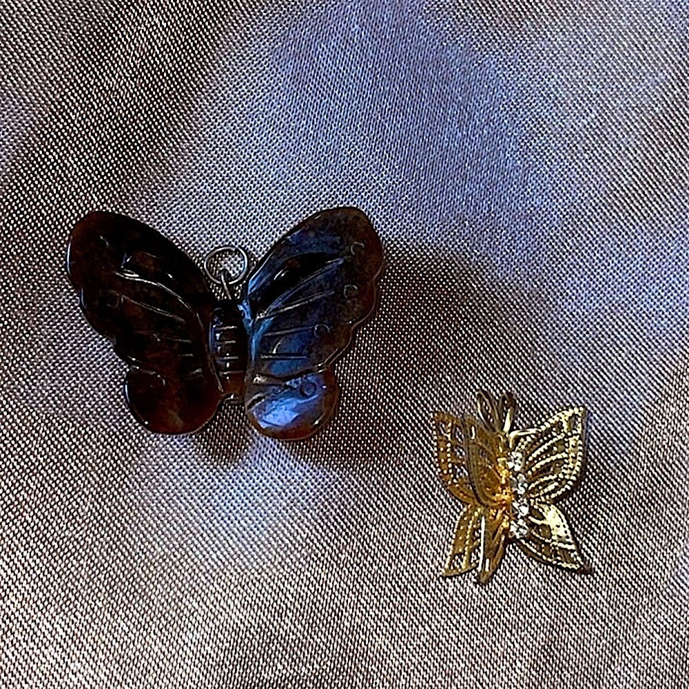 Vintage Butterfly Pendants Gold Filigree with Rhinestones and Carved Tiger’s Eye